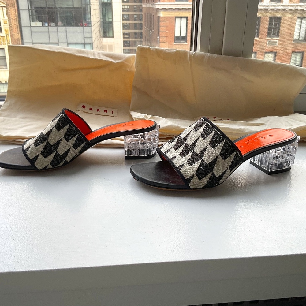 Marni Lurex w/Houndstooth print and chunky plexiglass heel mules - the chicest!